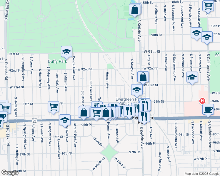 map of restaurants, bars, coffee shops, grocery stores, and more near 9305 South Homan Avenue in Evergreen Park