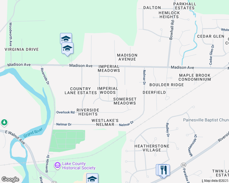 map of restaurants, bars, coffee shops, grocery stores, and more near 185 Meadows Drive in Painesville