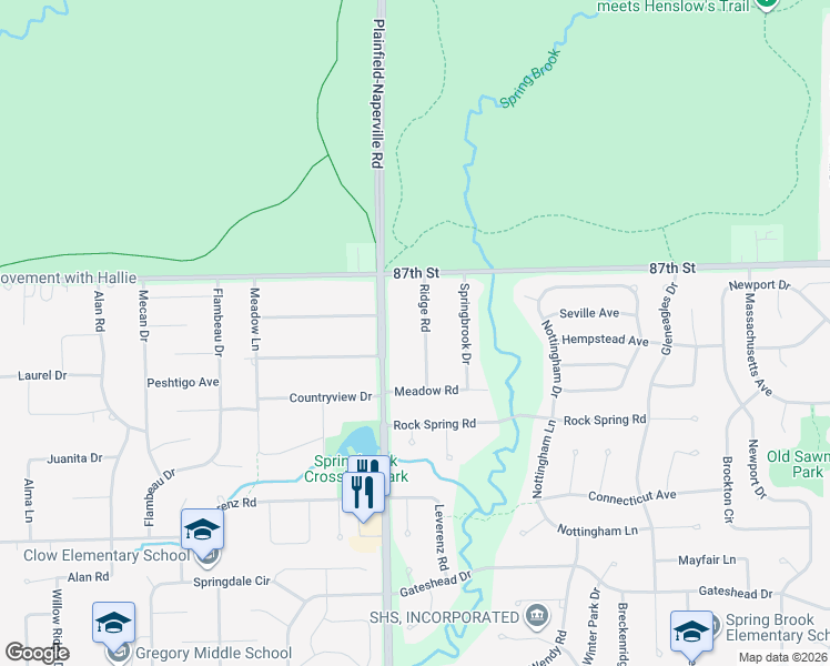 map of restaurants, bars, coffee shops, grocery stores, and more near 10S159 Ridge Road in Naperville