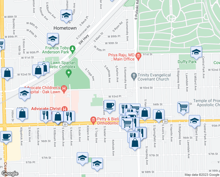 map of restaurants, bars, coffee shops, grocery stores, and more near 9606 South Kedvale Avenue in Oak Lawn