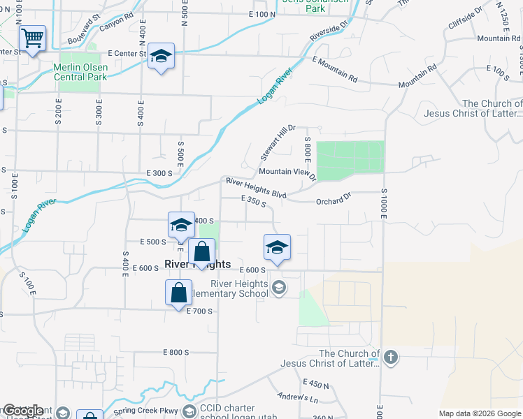 map of restaurants, bars, coffee shops, grocery stores, and more near 712 East 350 South in River Heights