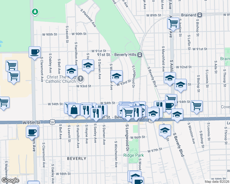 map of restaurants, bars, coffee shops, grocery stores, and more near 9321 South Winchester Avenue in Chicago