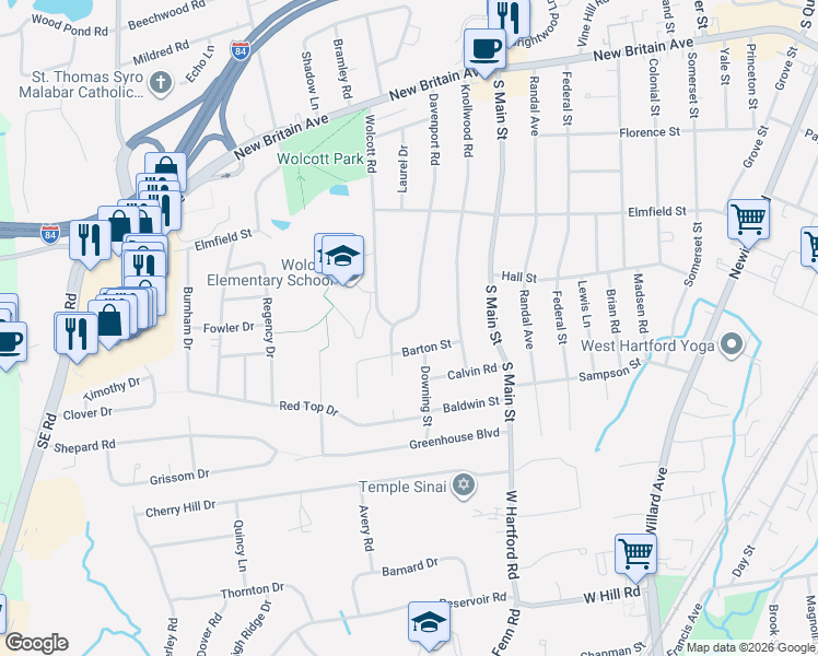 map of restaurants, bars, coffee shops, grocery stores, and more near 104 Davenport Road in West Hartford