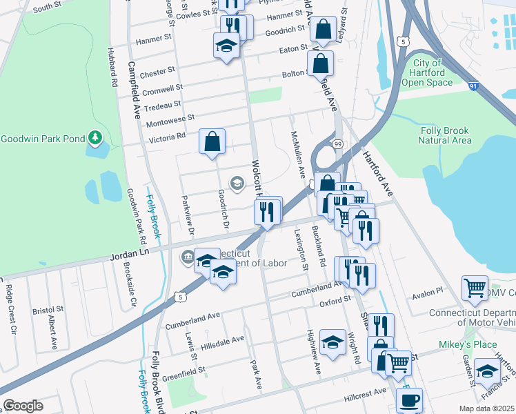map of restaurants, bars, coffee shops, grocery stores, and more near 53 Wolcott Hill Road in Wethersfield