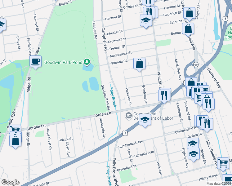 map of restaurants, bars, coffee shops, grocery stores, and more near 97 Folly Brook Boulevard in Wethersfield