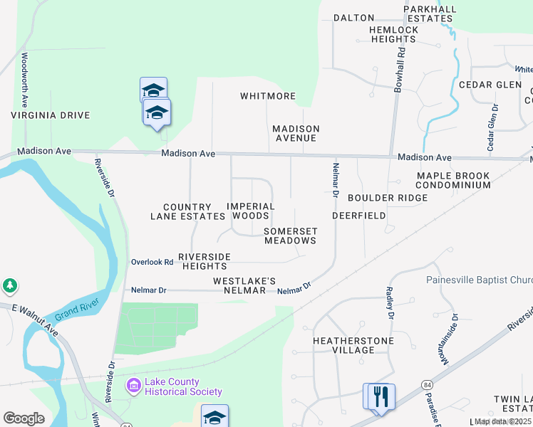 map of restaurants, bars, coffee shops, grocery stores, and more near 185 Meadows Drive in Painesville