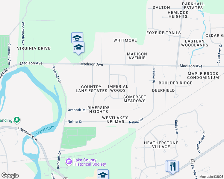 map of restaurants, bars, coffee shops, grocery stores, and more near 87 Meadows Drive in Painesville