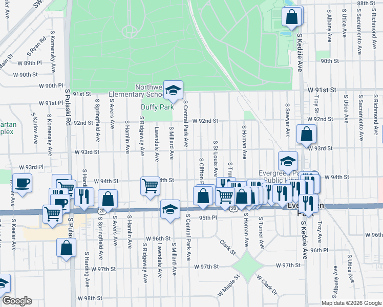 map of restaurants, bars, coffee shops, grocery stores, and more near 9300 South Clifton Park Avenue in Evergreen Park