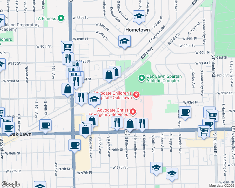map of restaurants, bars, coffee shops, grocery stores, and more near 4560 West 93rd Street in Oak Lawn