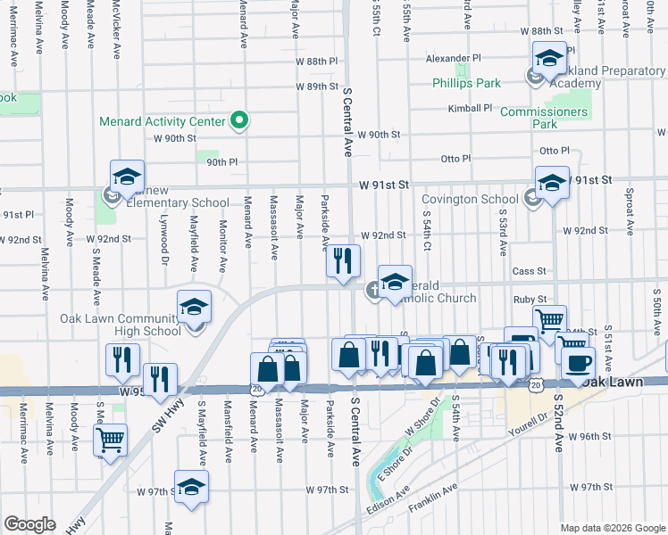 map of restaurants, bars, coffee shops, grocery stores, and more near 9232 Parkside Avenue in Oak Lawn