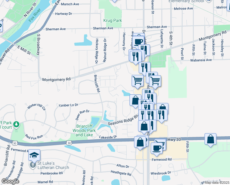 map of restaurants, bars, coffee shops, grocery stores, and more near 1500 Briarcliff Road in Montgomery
