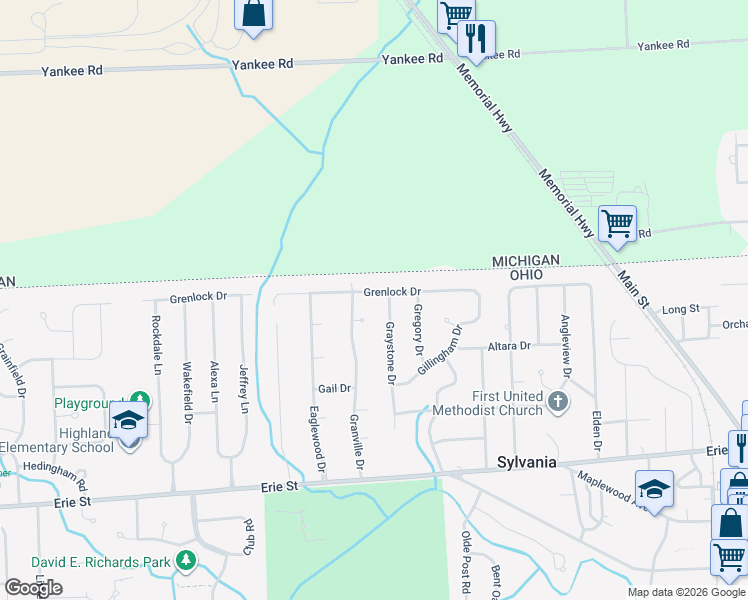 map of restaurants, bars, coffee shops, grocery stores, and more near 7315 Grenlock Drive in Sylvania