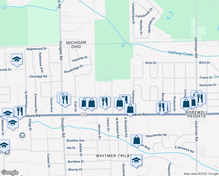 map of restaurants, bars, coffee shops, grocery stores, and more near 2210 Stirrup Lane in Toledo