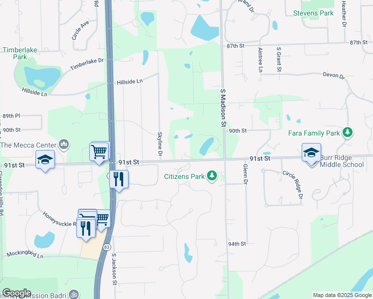 map of restaurants, bars, coffee shops, grocery stores, and more near 16W122 91st Street in Burr Ridge