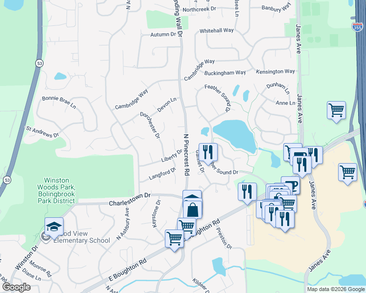 map of restaurants, bars, coffee shops, grocery stores, and more near 701 North Pinecrest Road in Bolingbrook
