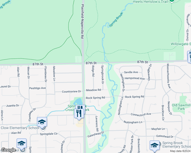 map of restaurants, bars, coffee shops, grocery stores, and more near 10S159 Ridge Road in Naperville
