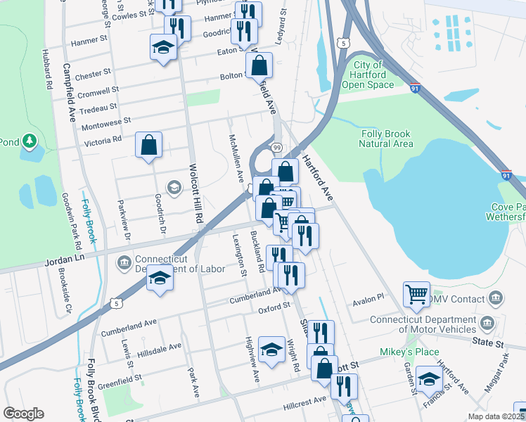map of restaurants, bars, coffee shops, grocery stores, and more near 125 Silas Deane Highway in Wethersfield