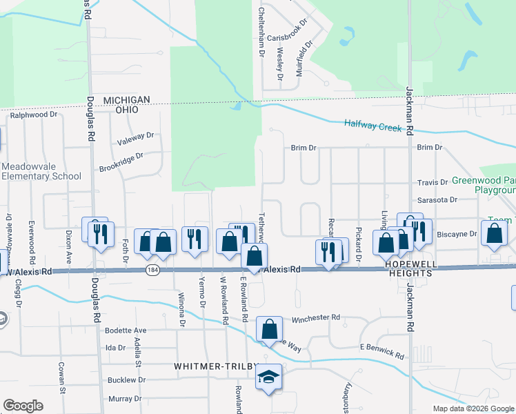 map of restaurants, bars, coffee shops, grocery stores, and more near 5927 Tetherwood Drive in Toledo