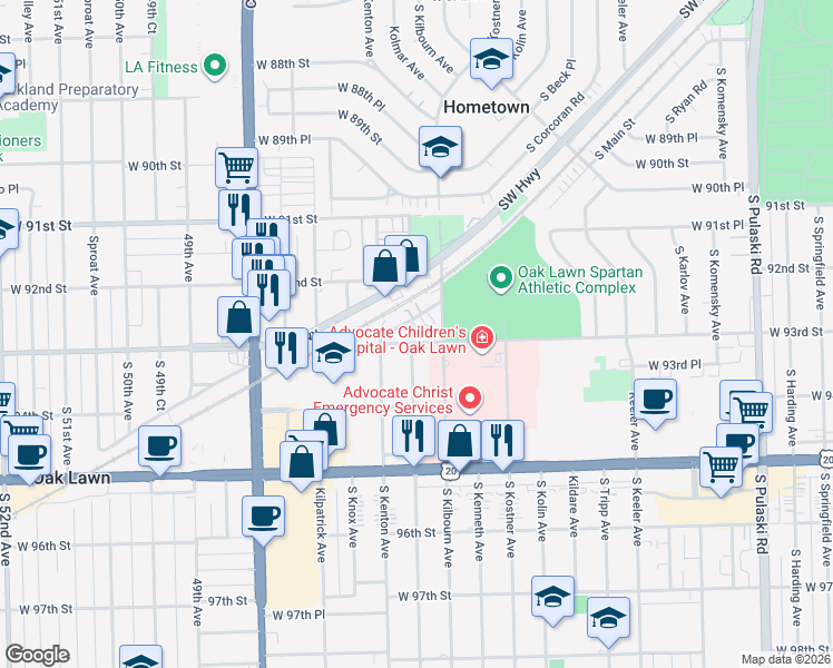 map of restaurants, bars, coffee shops, grocery stores, and more near 4560 West 93rd Street in Oak Lawn