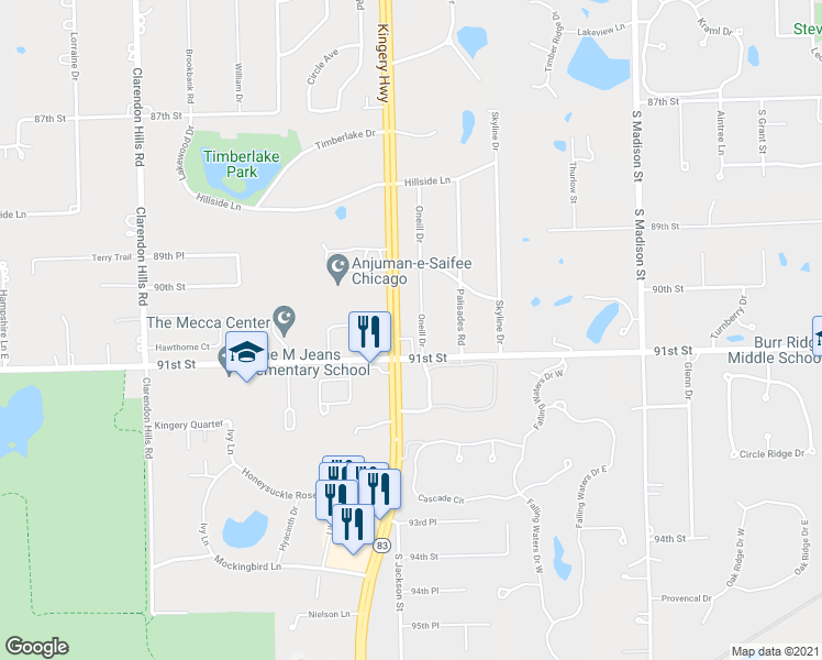 map of restaurants, bars, coffee shops, grocery stores, and more near 9054 Oneill Drive in Burr Ridge