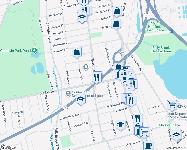 map of restaurants, bars, coffee shops, grocery stores, and more near 53 Wolcott Hill Road in Wethersfield