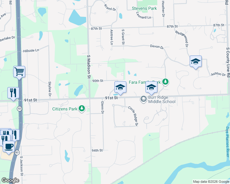 map of restaurants, bars, coffee shops, grocery stores, and more near 4 Turnberry Court in Burr Ridge