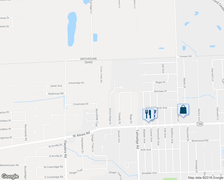 map of restaurants, bars, coffee shops, grocery stores, and more near 5979 Sylvan Ridge Drive in Toledo