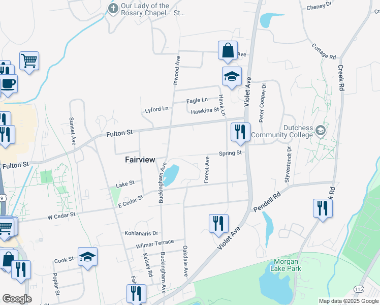map of restaurants, bars, coffee shops, grocery stores, and more near 51 Spring Street in Poughkeepsie