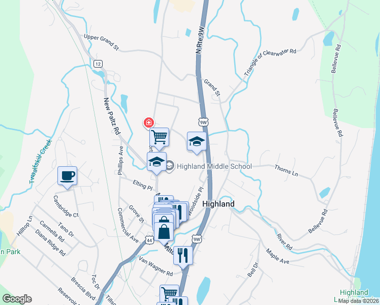 map of restaurants, bars, coffee shops, grocery stores, and more near Elementary School in Highland