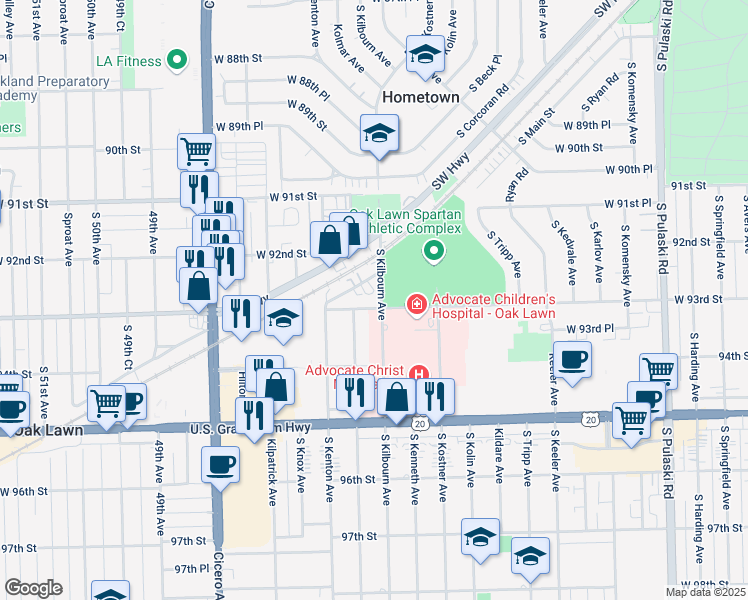 map of restaurants, bars, coffee shops, grocery stores, and more near 4500 West 93rd Street in Oak Lawn