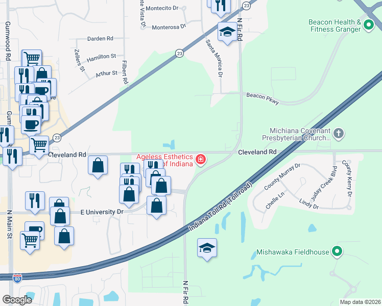 map of restaurants, bars, coffee shops, grocery stores, and more near 15220 Cleveland Road in Granger