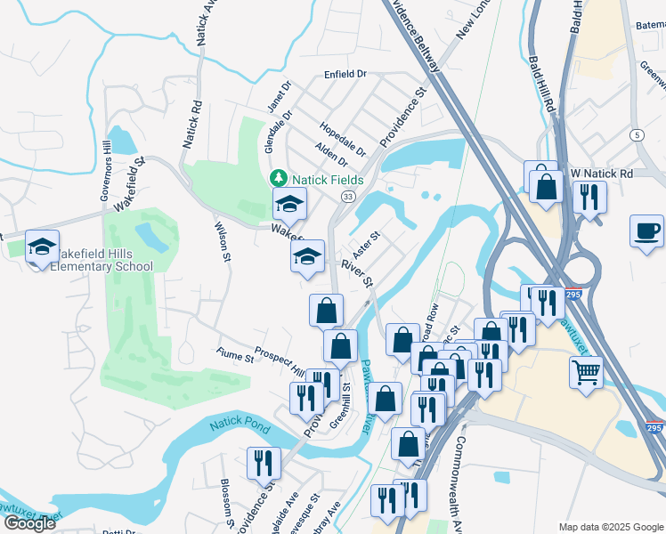 map of restaurants, bars, coffee shops, grocery stores, and more near 840 Providence St in West Warwick