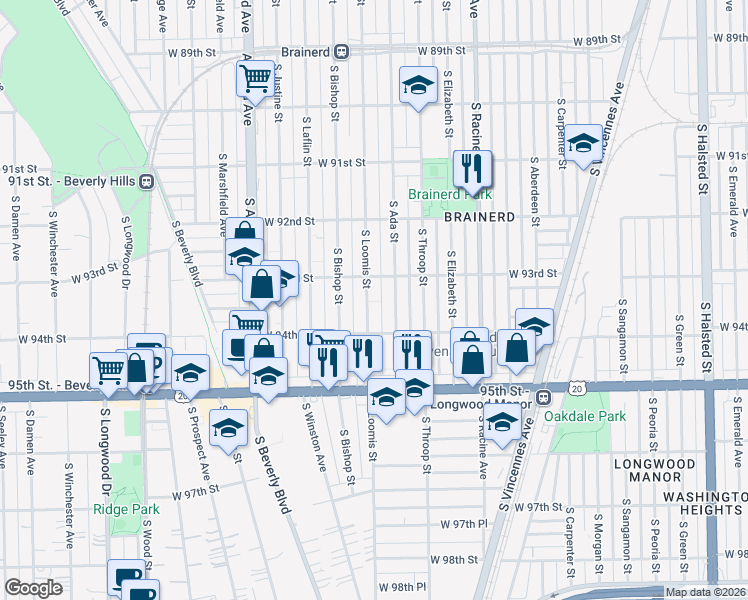 map of restaurants, bars, coffee shops, grocery stores, and more near 9328 South Ada Street in Chicago