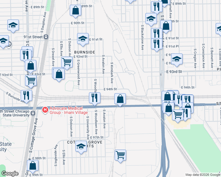 map of restaurants, bars, coffee shops, grocery stores, and more near 9358 South Kimbark Avenue in Chicago