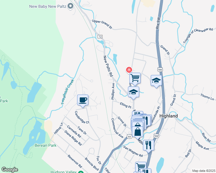 map of restaurants, bars, coffee shops, grocery stores, and more near 50 Phillips Ave in Highland