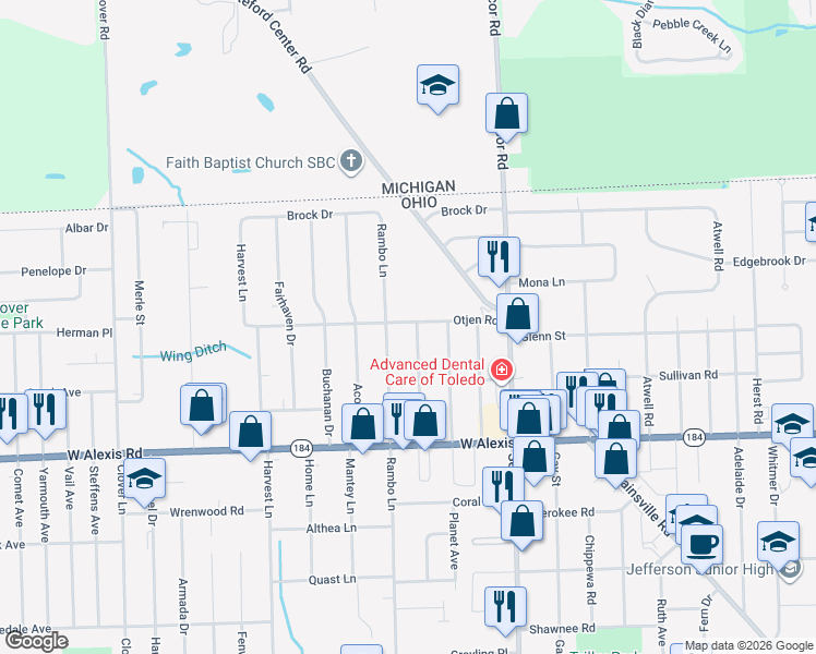 map of restaurants, bars, coffee shops, grocery stores, and more near 5949 Murnen Road in Toledo