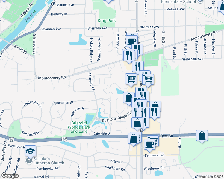 map of restaurants, bars, coffee shops, grocery stores, and more near 1500 Briarcliff Road in Montgomery