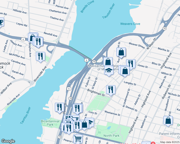 map of restaurants, bars, coffee shops, grocery stores, and more near 82 Wellington Street in Fall River
