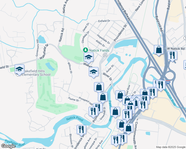 map of restaurants, bars, coffee shops, grocery stores, and more near 840 Providence Street in West Warwick