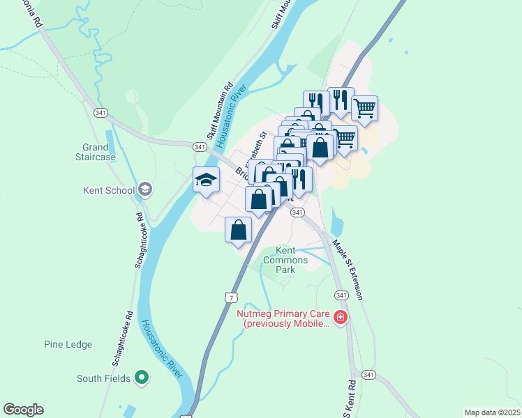 map of restaurants, bars, coffee shops, grocery stores, and more near 16 South Main Street in Kent