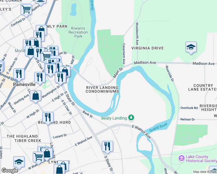 map of restaurants, bars, coffee shops, grocery stores, and more near 141 Steele Avenue in Painesville