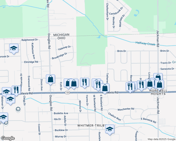 map of restaurants, bars, coffee shops, grocery stores, and more near 2210 Stirrup Lane in Toledo