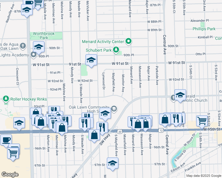map of restaurants, bars, coffee shops, grocery stores, and more near 9225 Mayfield Avenue in Oak Lawn