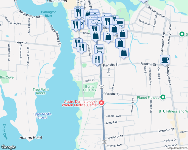 map of restaurants, bars, coffee shops, grocery stores, and more near Campbell Street in Warren