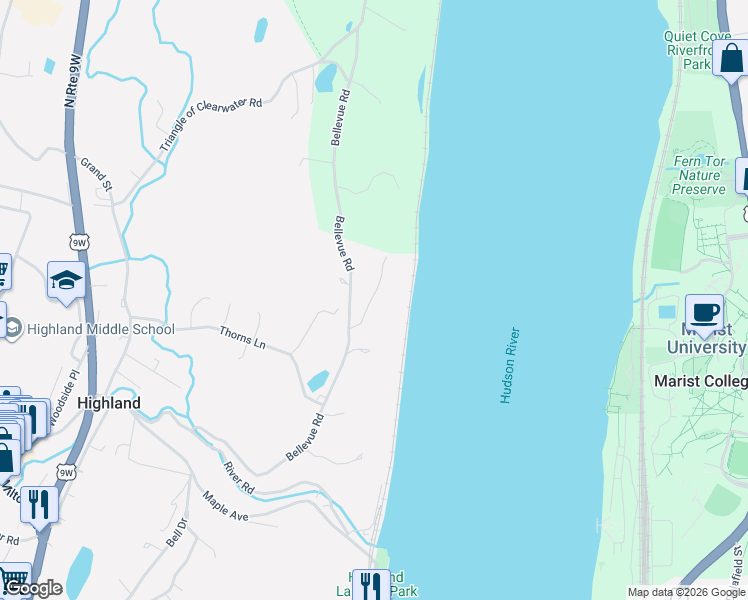 map of restaurants, bars, coffee shops, grocery stores, and more near 50 Bellevue Road in Highland