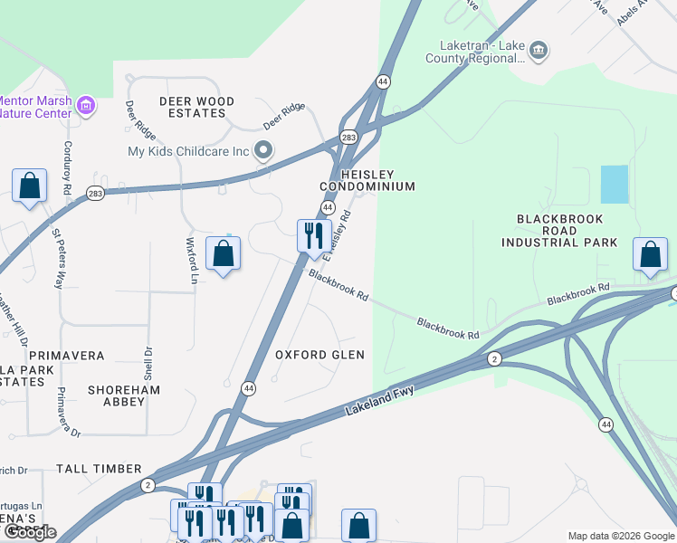 map of restaurants, bars, coffee shops, grocery stores, and more near 5301 East Heisley Road in Mentor