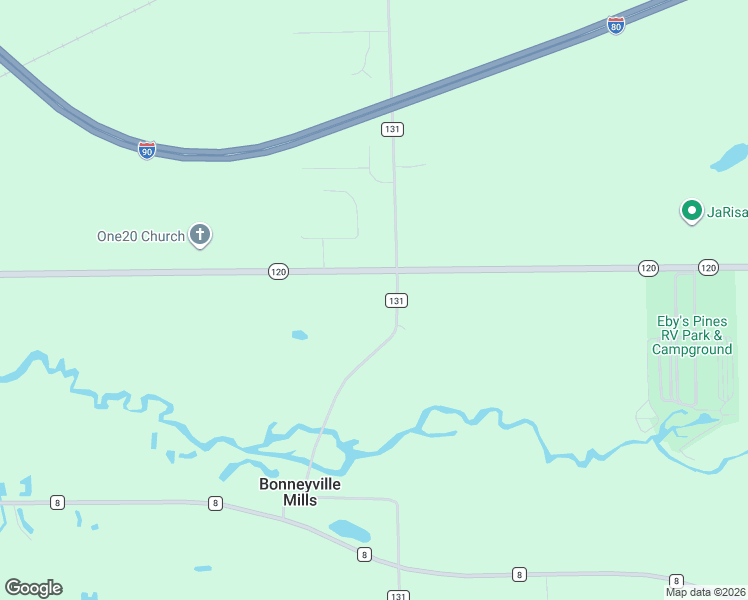 map of restaurants, bars, coffee shops, grocery stores, and more near 15296 Indiana 120 in Bristol