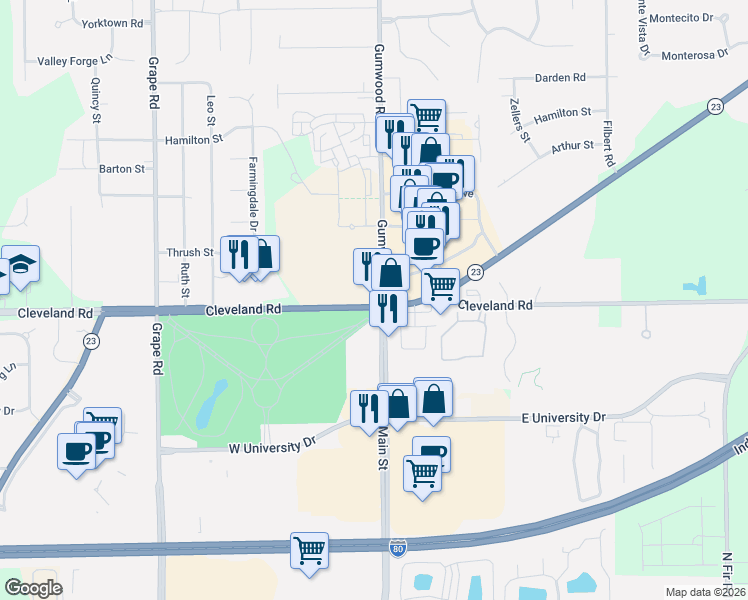 map of restaurants, bars, coffee shops, grocery stores, and more near 15997 Cleveland Road in Granger