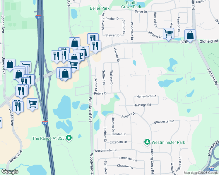 map of restaurants, bars, coffee shops, grocery stores, and more near 10S260 Wallace Drive in Downers Grove