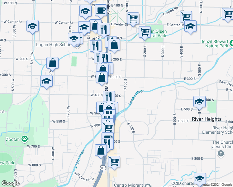 map of restaurants, bars, coffee shops, grocery stores, and more near 51 East 400 South in Logan
